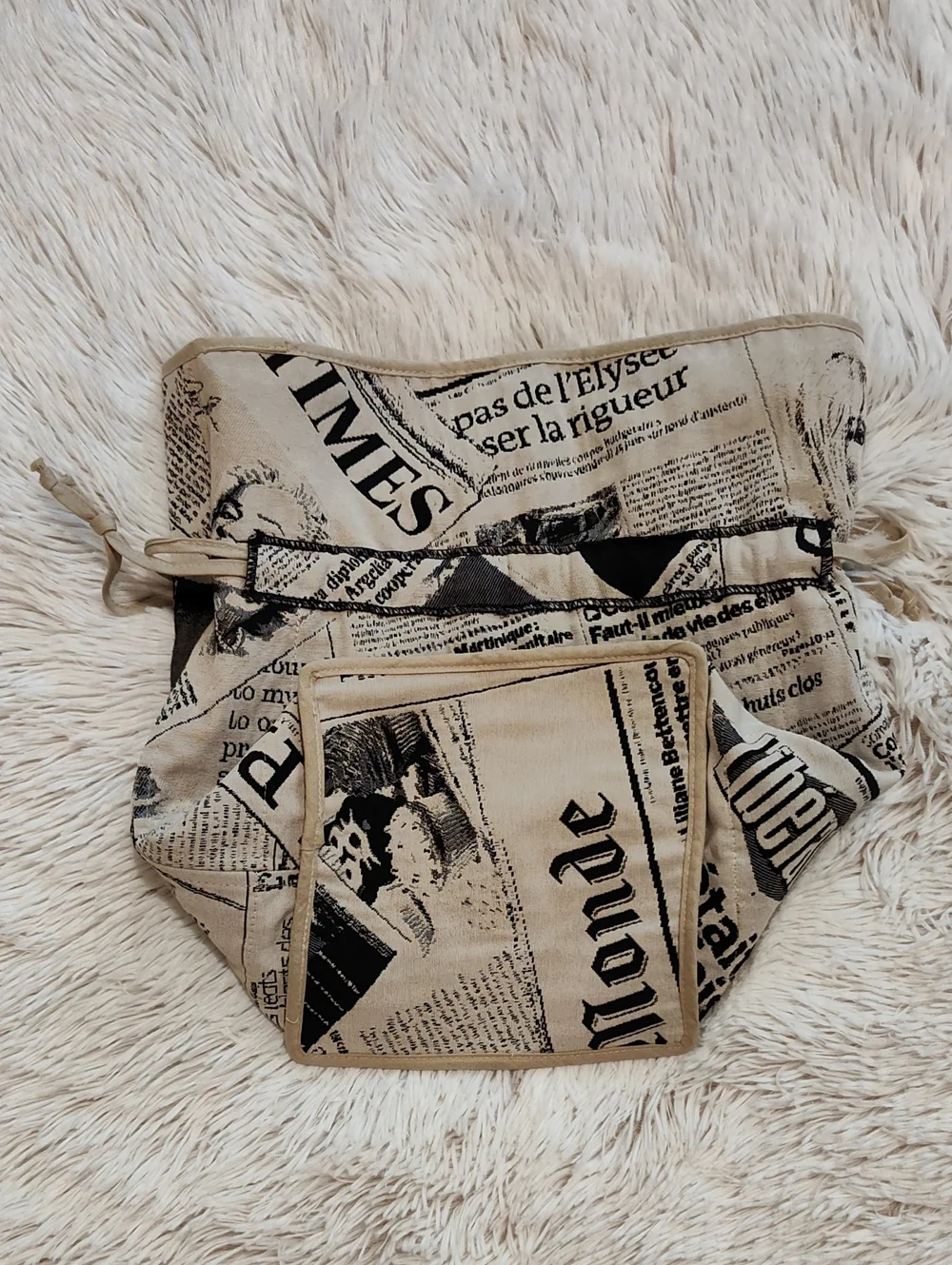 Vintage Style Drawstring Pouch Black Cream Newsprint Red Lining Travel Organizer
